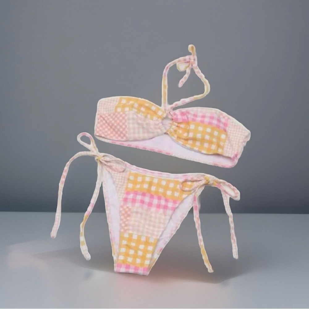 Bandeau bikini set plaid drawstring size Medium New - Picture 4 of 4